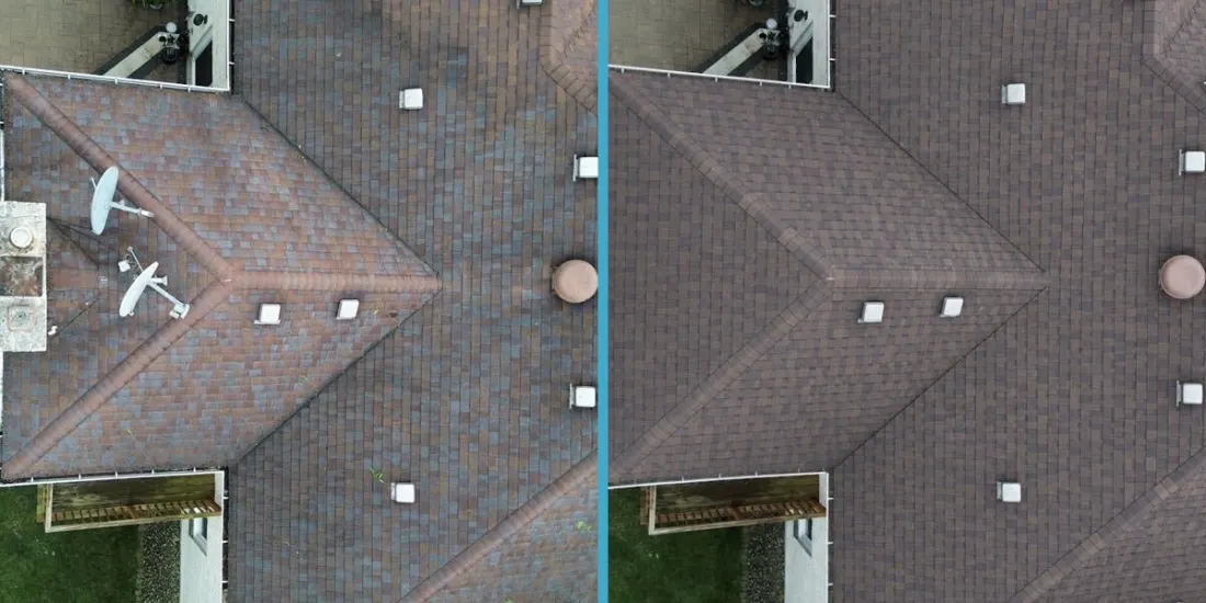 Aerial roof replacement, before and after